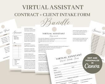 Servicevertrag / -Vereinbarung für virtuellen Assistenten, VA-Kundeneingangsformular, bearbeitbarer Vertrag für freiberufliche persönliche Assistenten, Rechnungsvorlage, CANVA