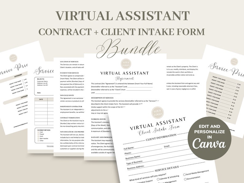 May include: A printable bundle of virtual assistant contract and client intake forms. The forms are in a light brown color scheme with a cursive font. The text "Virtual Assistant" is featured in a large font at the top of the page. The bundle is editable and customizable in Canva.