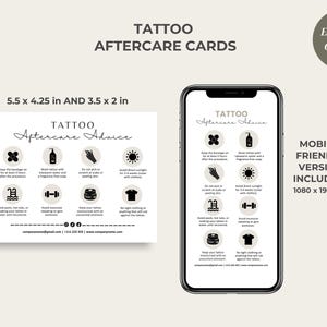 Puede incluir: Una tarjeta de consejos de cuidado posterior al tatuaje en blanco y negro imprimible con instrucciones para cuidar un nuevo tatuaje. La tarjeta incluye iconos para mantener el vendaje puesto, lavar con jab&oacute;n y agua, evitar rascarse, evitar la luz solar directa, evitar las piscinas, evitar el ejercicio extenuante, mantener el tatuaje hidratado y evitar la ropa ajustada. La tarjeta tambi&eacute;n incluye informaci&oacute;n de contacto para el negocio.