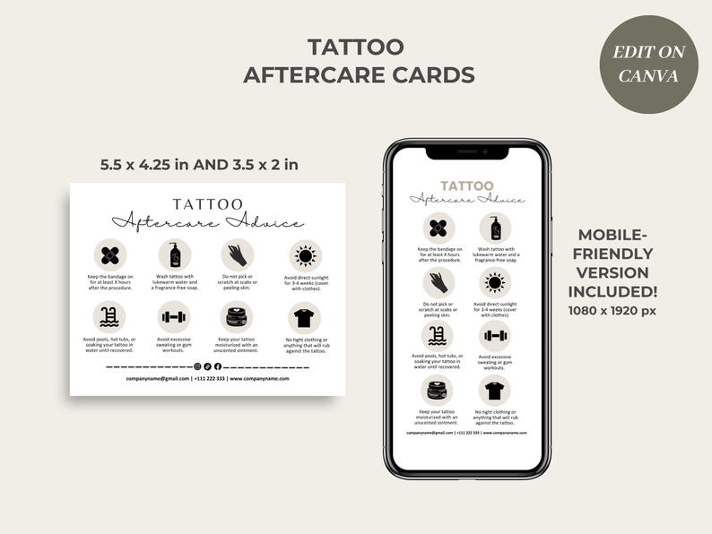 Puede incluir: Una tarjeta de consejos de cuidado posterior al tatuaje en blanco y negro imprimible con instrucciones para cuidar un nuevo tatuaje. La tarjeta incluye iconos para mantener el vendaje puesto, lavar con jab&oacute;n y agua, evitar rascarse, evitar la luz solar directa, evitar las piscinas, evitar el ejercicio extenuante, mantener el tatuaje hidratado y evitar la ropa ajustada. La tarjeta tambi&eacute;n incluye informaci&oacute;n de contacto para el negocio.