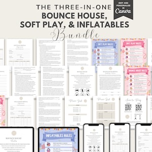 Peut inclure: Un téléchargement numérique de documents imprimables pour une entreprise de location de châteaux gonflables, d'aires de jeux et de structures gonflables. Les documents comprennent des contrats de location, des règlements, des listes de prix et des codes QR. Les documents sont décorés de thèmes de fête colorés.
