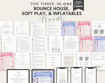 May include: A digital download of printable documents for a bounce house, soft play, and inflatable rental business. The documents include rental agreements, rules, price lists, and QR codes. The documents are decorated with colorful party themes.