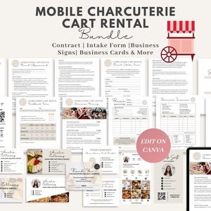 モバイル シャルキュトリー カート契約書テンプレート、イベント パーティー レンタル/備品受付フォーム、シャルキュトリー カート編集可能な名刺 CANVA