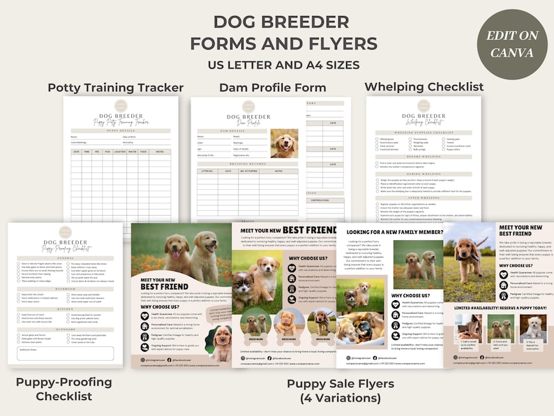 May include: A set of printable forms and flyers for dog breeders. The forms include a potty training tracker, a dam profile form, and a whelping checklist. The flyers feature adorable puppies and the text "Meet your new best friend".