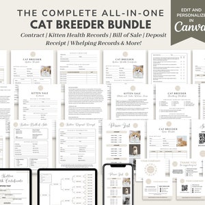 May include: A comprehensive cat breeder bundle featuring contracts, health records, and bills of sale. The bundle includes a price list, kitten birth certificates, and a "Scan to Pay" option. The text "Edit and Personalise in Canva" is also visible.