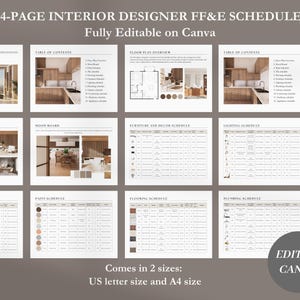 May include: A 14-page interior designer FF&E schedule template, fully editable on Canva. The template includes pages for mood boards, furniture and decor schedules, lighting schedules, cabinet schedules, paint schedules, flooring schedules, plumbing schedules, and countertop schedules. The template is available in US letter and A4 sizes.