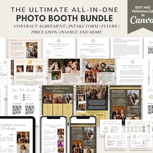 May include: A digital collage of printable templates for a photo booth business. The templates include a contract agreement, intake form, flyers, price lists, invoices, and more. The templates are designed to be edited and personalised in Canva.