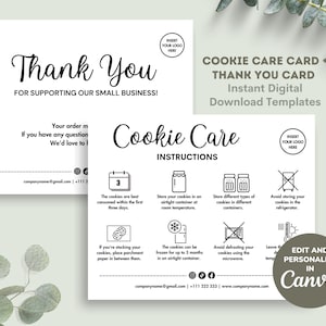 Cookie Care Instruction Cards Canva Template, Editable & Printable Cookie Care Guide Digital Download, Bakery Thank You Card WHITE
