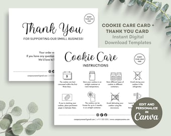 Cookie Care Instruction Cards Canva Template, Editable & Printable Cookie Care Guide Digital Download, Bakery Thank You Card WHITE