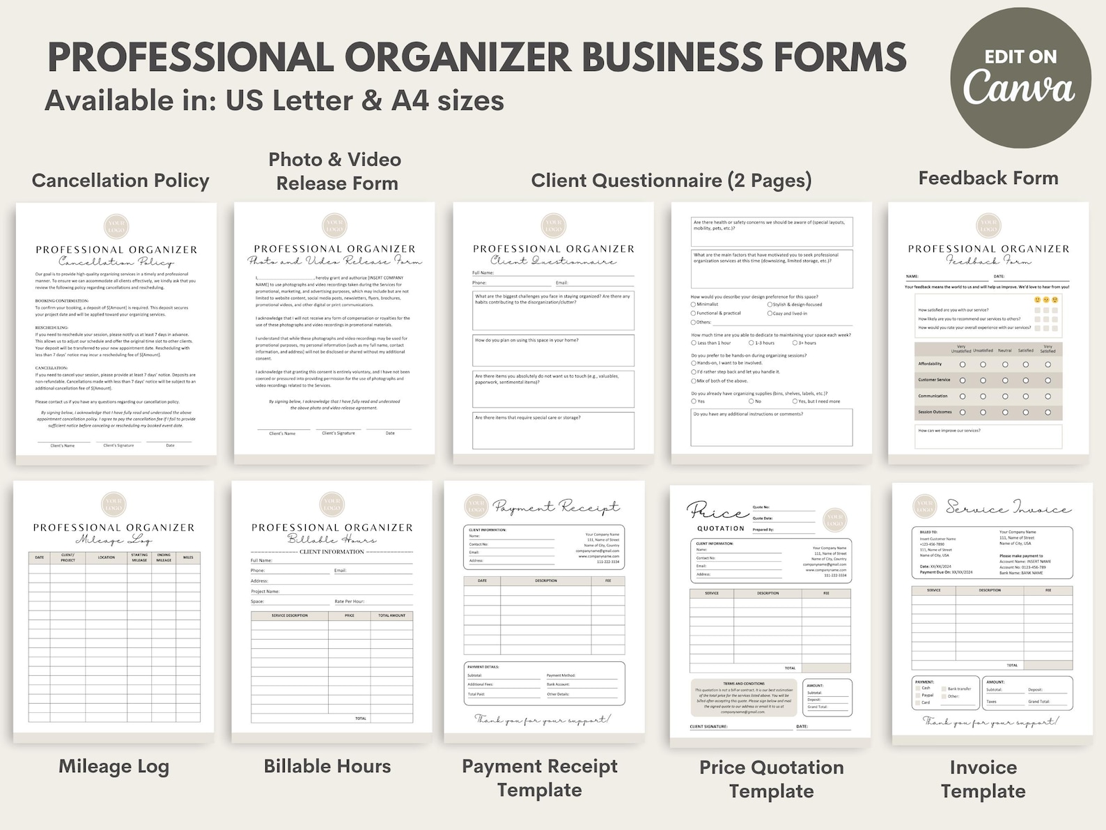Organizing Forms Professional Organizer Service Contract/agreement, Editable Freelance ...