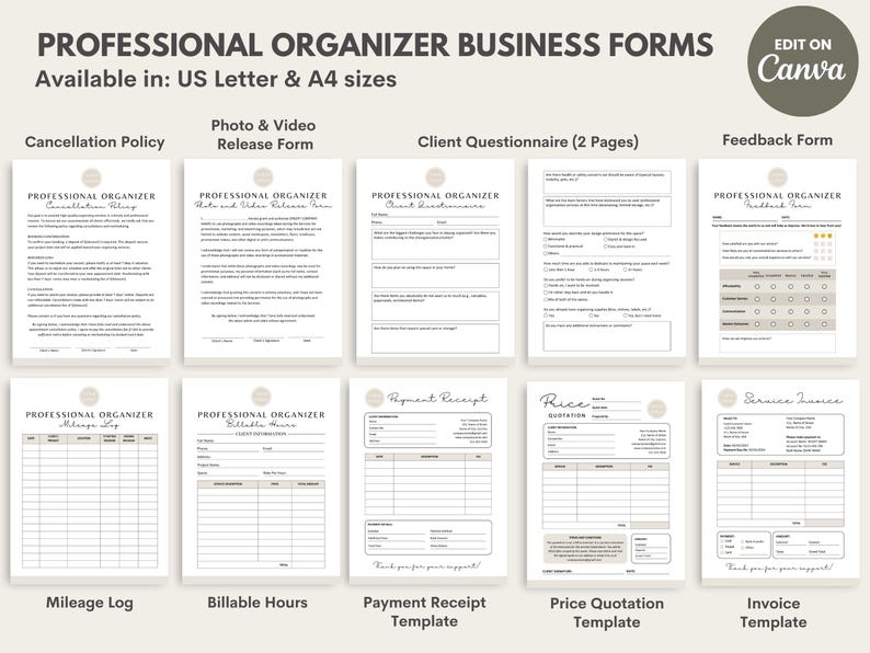 Puede incluir: Un conjunto de formularios comerciales para organizadores profesionales, que incluyen una pol&iacute;tica de cancelaci&oacute;n, un cuestionario para clientes y una plantilla de factura. Disponibles en tama&ntilde;os US Letter y A4. Los formularios tienen un dise&ntilde;o minimalista.