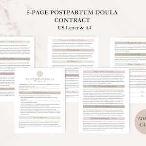 K&ouml;nnte beinhalten: Eine f&uuml;nfseitige Vorlage f&uuml;r einen Postpartum-Doula-Vertrag in den Formaten US Letter und A4. Der Vertrag umfasst Abschnitte f&uuml;r die Verantwortlichkeiten von Klient und Doula, Gesch&auml;fts- und medizinische Bedingungen, vor und nach der Geburt sowie die Beendigung der Dienstleistungen. Das Dokument ist in einem rosa und braunen Farbschema gestaltet und verf&uuml;gt &uuml;ber ein kreisf&ouml;rmiges Logo mit dem Text "Postpartum Doula Vertrag".