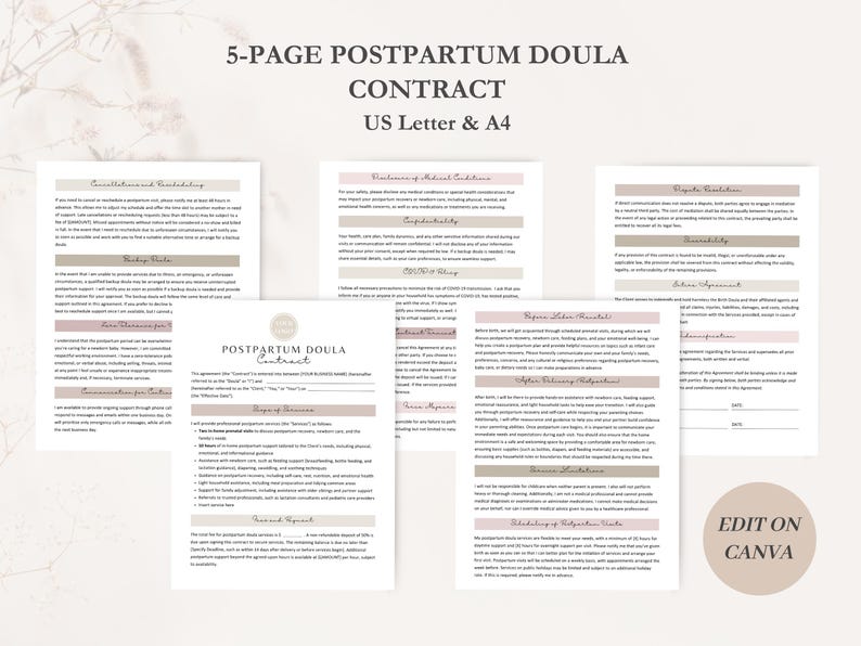 K&ouml;nnte beinhalten: Eine f&uuml;nfseitige Vorlage f&uuml;r einen Postpartum-Doula-Vertrag in den Formaten US Letter und A4. Der Vertrag umfasst Abschnitte f&uuml;r die Verantwortlichkeiten von Klient und Doula, Gesch&auml;fts- und medizinische Bedingungen, vor und nach der Geburt sowie die Beendigung der Dienstleistungen. Das Dokument ist in einem rosa und braunen Farbschema gestaltet und verf&uuml;gt &uuml;ber ein kreisf&ouml;rmiges Logo mit dem Text "Postpartum Doula Vertrag".