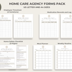 May include: A printable set of forms for home care agencies. The forms include employee timesheets, medication records, a home safety checklist, a meal planner, and a weekly routine. The forms are designed to be printed on US Letter or A4 size paper.