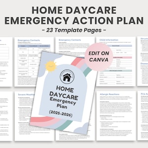Puede incluir: Una plantilla digital para un Plan de Acción de Emergencia para Guardería en el Hogar, con 23 páginas. El diseño incluye una portada con el texto "Home Daycare Emergency Plan (2025-2026)" y una ilustración de sol.