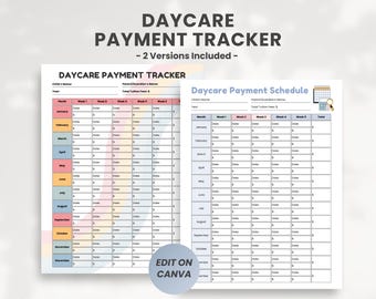May include: A printable daycare payment tracker with two versions. The first version has a rainbow background and the second version has a blue background. Both versions include a calendar, month, week, and total tuition fees sections.