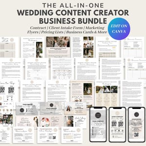 Könnte beinhalten: Ein Business-Bundle für Hochzeits-Content-Ersteller. Das Bild zeigt verschiedene Dokumente, darunter Verträge, Aufnahmeformulare, Marketing-Flyer, Preislisten und Visitenkarten. Bearbeitbar auf Canva.