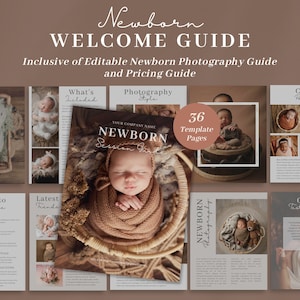 Op de afbeelding: Een gids voor newborn fotografie met 36 pagina's aan sjablonen. De gids bevat informatie over wat erbij inbegrepen is, de fotografiestijl, de kleurenpaletten, klantbeoordelingen en wat er moet worden voorbereid voor een newborn fotosessie.