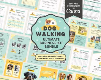Op de afbeelding: Een verzameling sjablonen voor hondenuitlaatservices, inclusief formulieren en social media posts. Het ontwerp heeft een turquoise en gele kleurstelling met hondenafbeeldingen. De tekst luidt "DOG WALKING ULTIMATE BUSINESS KIT BUNDLE" en bevat formulieren voor facturen en klantgegevens.