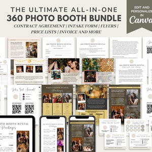 Peut inclure: Une trousse de marketing numérique pour une entreprise de location de photomaton 360. La trousse comprend un contrat, un formulaire d'admission, des dépliants, des listes de prix, une facture et plus encore. La trousse est conçue pour être modifiée et personnalisée dans Canva.