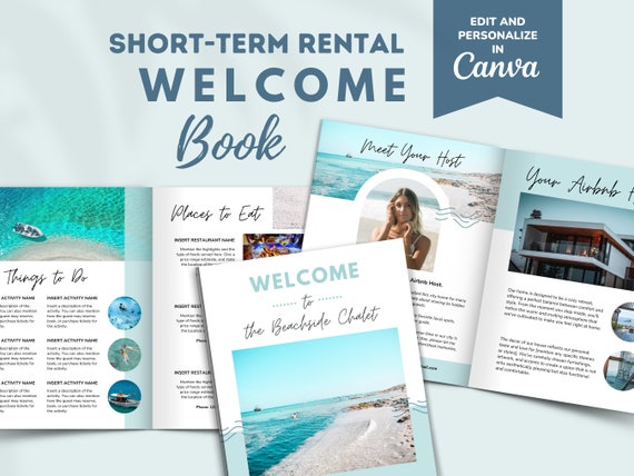 Airbnb Welcome Book Template, Editable Printable Beach/Modern Beach House Guidebook, VRBO Beach Vacation Rental Guest Book & Signs, CANVA