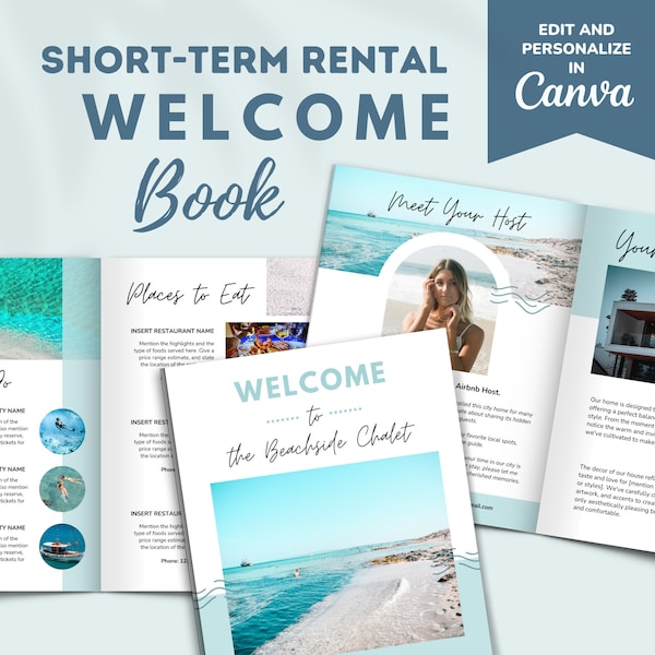 Plantilla de libro de bienvenida de Airbnb, guía editable imprimible de casas de playa/casas de playa modernas, libro de visitas y letreros de alquiler de vacaciones en la playa VRBO, CANVA