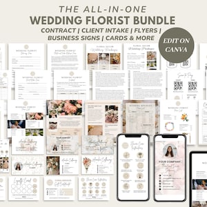 Plantilla de acuerdo de contrato de floristería de bodas, lista de precios de servicios florales, formulario de pedido de floristería, admisión de clientes de decoración de bodas, factura, CANVA