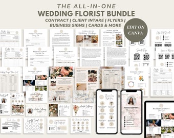 Peut inclure: Un ensemble de modèles imprimables pour les fleuristes de mariage, comprenant des contrats, des formulaires de prise en charge des clients, des dépliants, des listes de prix, des enseignes commerciales et des cartes. Les modèles sont conçus pour être modifiés dans Canva.