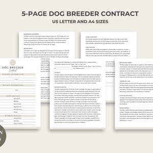 May include: A five-page dog breeder contract template in US Letter and A4 sizes. The template includes sections for seller and buyer information, puppy details, payment details, and veterinary care. The contract is designed to be edited on Canva.