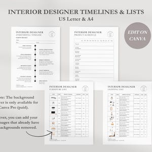 May include: Four printable interior design templates for use with Canva. The templates include a timeline for onboarding clients, a project schedule, a furniture list, and a lighting list.