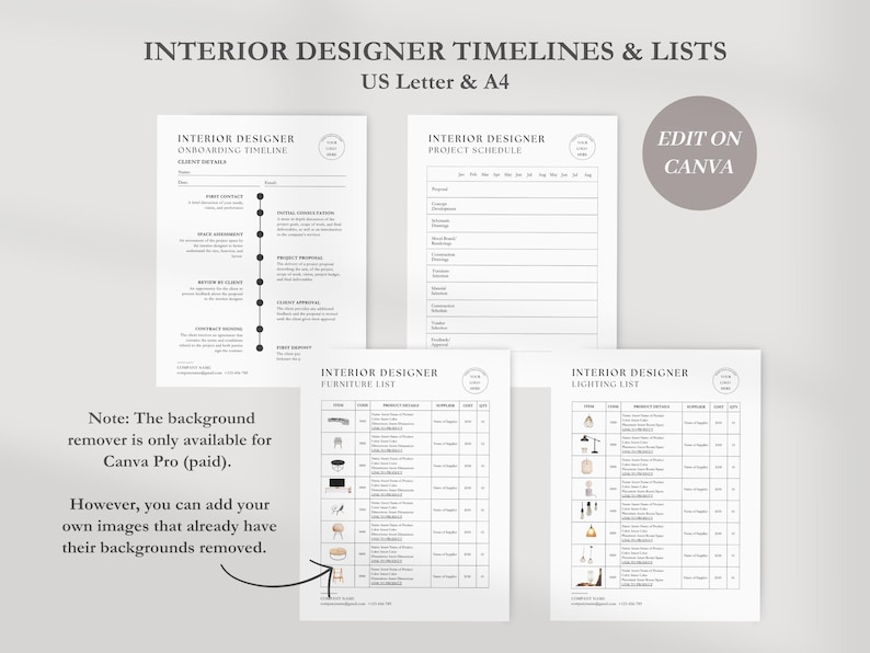 May include: Four printable interior design templates for use with Canva. The templates include a timeline for onboarding clients, a project schedule, a furniture list, and a lighting list.