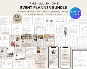 May include: A collection of 80+ event planner templates in a bundle. The templates are designed for use with Canva and include contract, invoice, marketing flyer, seating plan, order form, and price list templates. The templates feature a neutral color palette with a modern design.