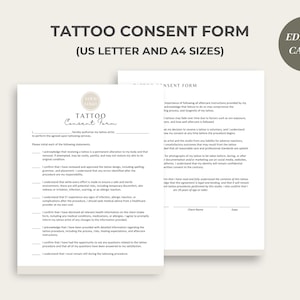 Puede incluir: Un formulario de consentimiento para tatuajes en blanco y negro con el t&iacute;tulo "Tattoo Consent Form" y el texto "US Letter and A4 Sizes". El formulario incluye una lista de declaraciones que el cliente debe inicializar para reconocer y aceptar antes de recibir un tatuaje.