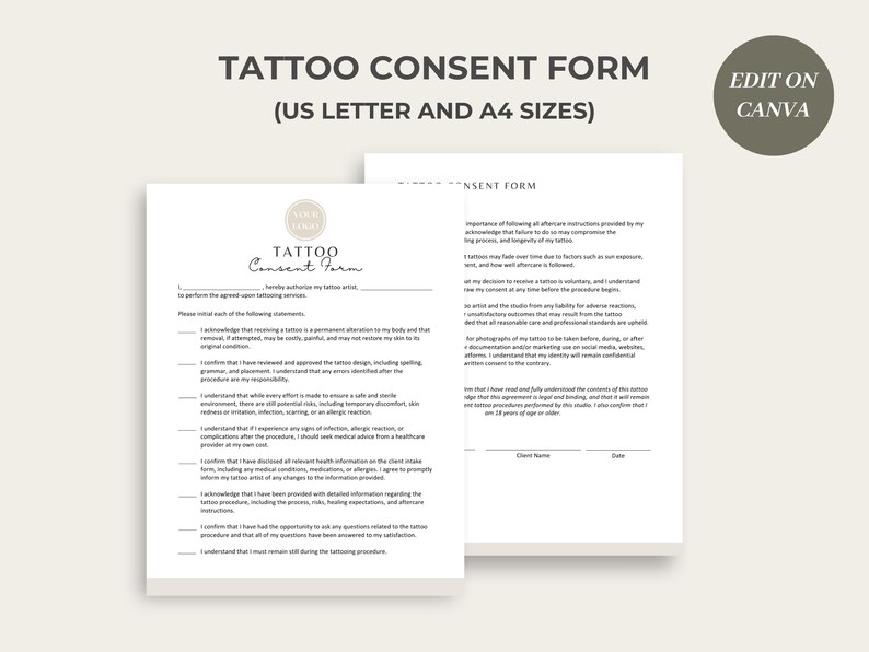 Puede incluir: Un formulario de consentimiento para tatuajes en blanco y negro con el t&iacute;tulo "Tattoo Consent Form" y el texto "US Letter and A4 Sizes". El formulario incluye una lista de declaraciones que el cliente debe inicializar para reconocer y aceptar antes de recibir un tatuaje.