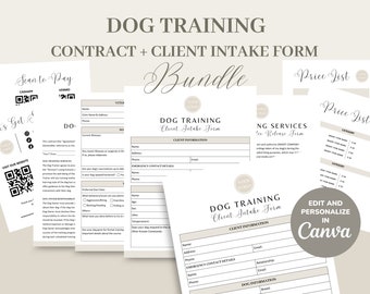 Modèle d’accord/contrat de service de dressage de chiens, formulaire d’admission de nouveaux clients d’entreprise de dressage d’animaux de compagnie modifiable et imprimable, facture, panneaux, CANVA