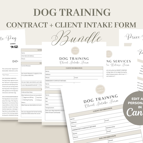 Dog Training Service Agreement/Contract Template, Editable & Printable Pet Training Business New Client Intake Form, Invoice, Signs, CANVA
