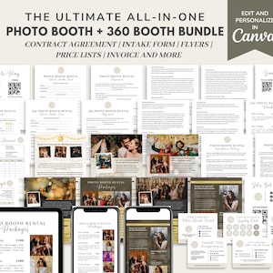 May include: A digital product bundle for photo booth rentals. The bundle includes editable templates for contracts, intake forms, flyers, price lists, invoices, and more. The templates are designed to be personalized in Canva.