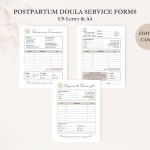 K&ouml;nnte beinhalten: Drei druckbare Formulare f&uuml;r Nachsorge-Doula-Dienstleistungen. Die Formulare sind mit "Service-Rechnung", "Geb&uuml;hrenangebot" und "Zahlungsbeleg" betitelt. Jedes Formular enth&auml;lt eine Tabelle mit Spalten f&uuml;r "Dienstleistung", "Beschreibung" und "Preis". Die Formulare sind f&uuml;r die Bearbeitung in Canva konzipiert.