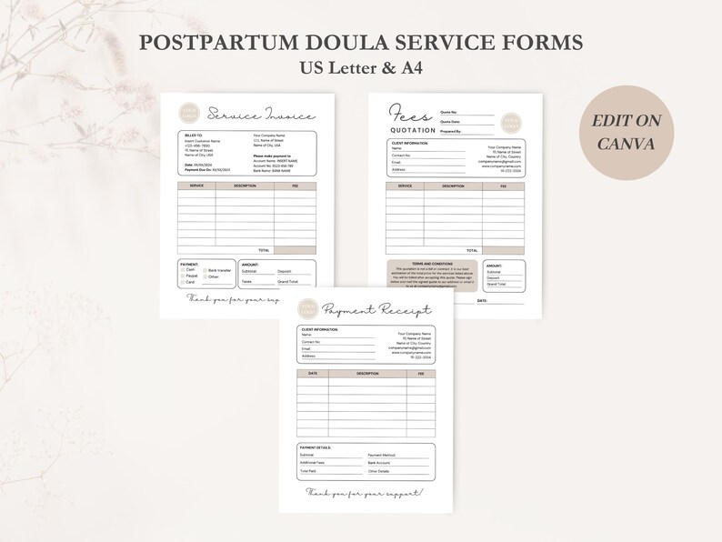 K&ouml;nnte beinhalten: Drei druckbare Formulare f&uuml;r Nachsorge-Doula-Dienstleistungen. Die Formulare sind mit "Service-Rechnung", "Geb&uuml;hrenangebot" und "Zahlungsbeleg" betitelt. Jedes Formular enth&auml;lt eine Tabelle mit Spalten f&uuml;r "Dienstleistung", "Beschreibung" und "Preis". Die Formulare sind f&uuml;r die Bearbeitung in Canva konzipiert.