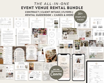 May include: An event venue rental bundle with over 50 template pages. Includes contracts, client intake forms, flyers, a rental guidebook, and cards. The text "THE ALL-IN-ONE EVENT VENUE RENTAL BUNDLE" is at the top. Edit and personalize in Canva.