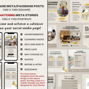 May include: A collection of 30 square Instagram and Facebook post templates and 30 matching Instagram story templates for a cleaning service business. The templates feature a yellow and white color scheme with illustrations of cleaning supplies and a before and after image of a room. The text on the templates includes "Professional Cleaning Services", "Cleaning Do's and Don'ts", "Cleaning Hacks", "Top 5 Tips for Cleaning", "Cleaning Services Prices", "Affordable Cleaning Services", "Book Now", and "Limited Slots".