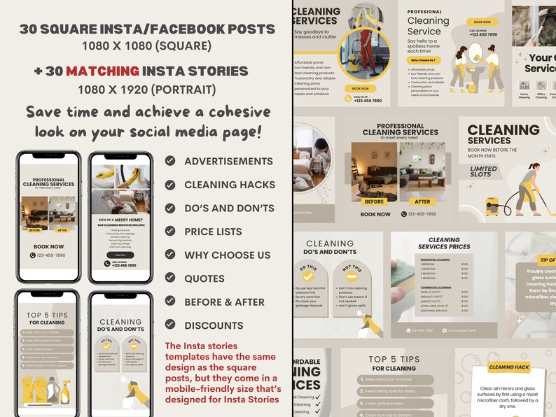 May include: A collection of 30 square Instagram and Facebook post templates and 30 matching Instagram story templates for a cleaning service business. The templates feature a yellow and white color scheme with illustrations of cleaning supplies and a before and after image of a room. The text on the templates includes "Professional Cleaning Services", "Cleaning Do's and Don'ts", "Cleaning Hacks", "Top 5 Tips for Cleaning", "Cleaning Services Prices", "Affordable Cleaning Services", "Book Now", and "Limited Slots".