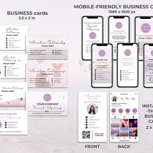 K&ouml;nnte beinhalten: Ein Satz Visitenkarten mit einem Reise-Thema. Die Karten zeigen einen lila Koffer, Hei&szlig;luftballons und ein rosa-wei&szlig;es Farbschema. Der Text auf den Karten lautet "Your Company Travel Agency" und "Amelia Callaway, Travel Agent". Die Karten sind 3,5 Zoll mal 2 Zoll gro&szlig;.