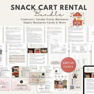 モバイルスナックカート契約書テンプレート、イベントベンダーパーティーレンタル/備品受付フォーム、スナックカート編集可能な名刺 CANVA