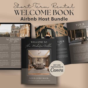 May include: A welcome book bundle for short-term rentals, featuring a tablet and open guide book. The cover reads "Welcome to the Modern Villa" and "Your Guide Book". The bundle includes editable templates for Airbnb hosts, with the option to personalize in Canva.