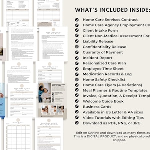 May include: A checklist of items included in a home care agency digital product. The checklist includes items such as a home care services contract, client intake form, liability release, and more. The text "WHAT'S INCLUDED INSIDE:" is at the top of the checklist.