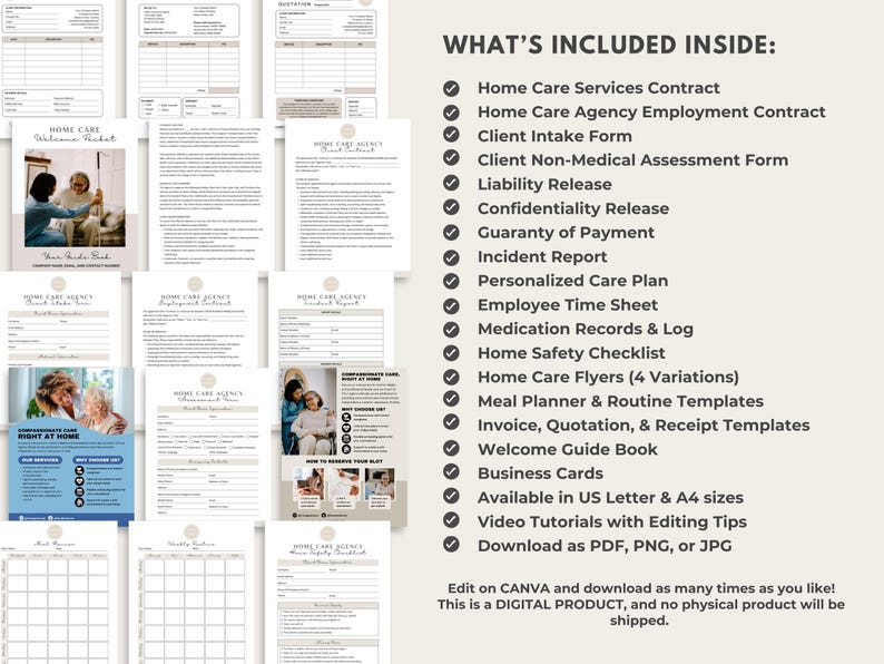 May include: A checklist of items included in a home care agency digital product. The checklist includes items such as a home care services contract, client intake form, liability release, and more. The text "WHAT'S INCLUDED INSIDE:" is at the top of the checklist.