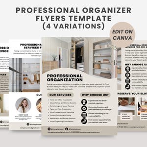 May include: Professional organiser flyers template with four variations. The flyers feature text like "Professional Organisation" and "Our Services". The design includes images of organised spaces and offers services for home and office organisation.
