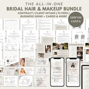 May include: A collection of printable templates for bridal hair and makeup businesses. The templates include contracts, client intake forms, flyers, business signs, thank you cards, and more. The templates are designed in a neutral beige and white color scheme with floral accents. The text "Edit on Canva" is included in the image.