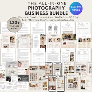 Contrato de fotografia, modelo de guia de boas-vindas para fotógrafos e histórias/postagens do Instagram, formulário de admissão, preços, folhetos, fatura, CANVA